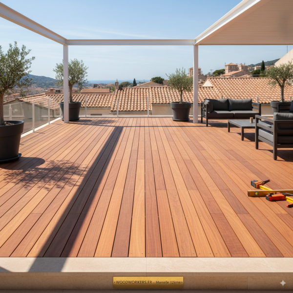 pose professionnelle d'une terrasse en cumaru massif avec fixations invisibles 